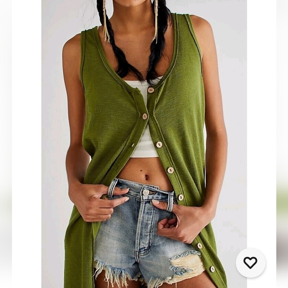 Free People Gia Long Midi Vest Sleeveless Button Front Green Small Ribbed